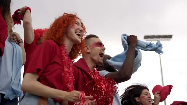A group of people of different races and ages follow the soccer game in the stands. Men and women dressed in their team's kit celebrate their team's goal.