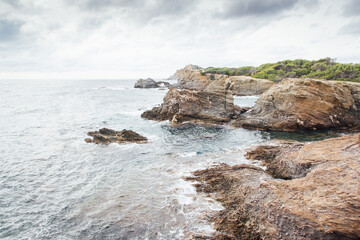 Fototapeta na wymiar Vue d'une côte rocheuse. Le bord de mer. L'île du Gaou.