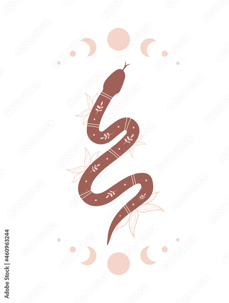 Wall mural magic snake in boho style with moon. mystical symbol in a trendy minimalist style. esoteric vector i