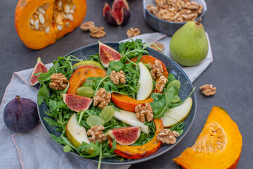 Autumn pumpkin salad and figs, pears and walnuts