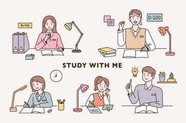 Students are sitting at their desks and studying hard. flat design style vector illustration.