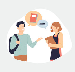 Book store and people. A customer asks a bookstore employee to find a book. flat design style vector illustration.