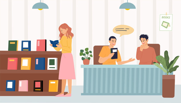 Book store and people. A woman reading a book by the bookshelf and a man talking about a book at the table. flat design style vector illustration.