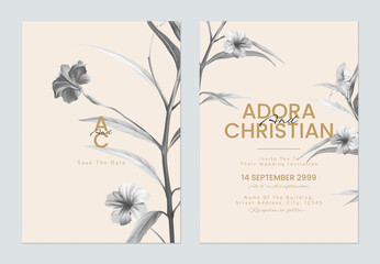 Floral wedding invitation card template, ruellia tuberosa flowers and line on brown