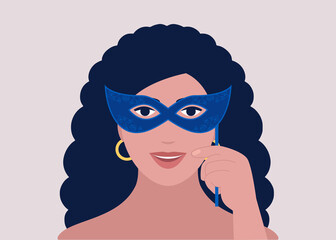 Character holding carnival mask in her hand