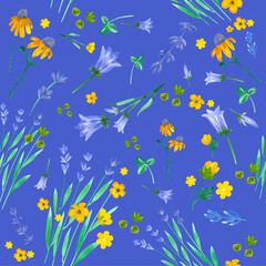 Seamless watercolor patterns with meadow flowers, leaves, herbs. Hand draw full color vector illustration for fabric, design.