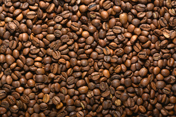 Texture of roasted coffee beans close-up