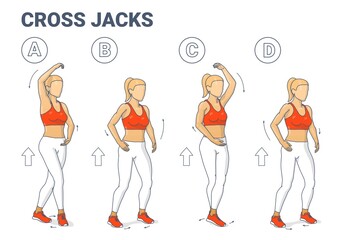 Cross Jacks Home Workout Exercise Guide Illustration. Girl Working on Her Muscles Colorful Concept.