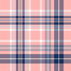 Seamless plaid check pattern in coral pink, navy, gray and white. 