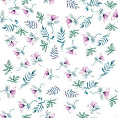 Digital Paper Wallpaper Seamless Pattern for Textiles Watercolor Delicate Flowers Pink Purple Blue