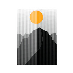 Poster with mountain landscape  and sunset in boho art style  .Minimal design with line elements . Trendy brochure . Wall art .Vector illustration .