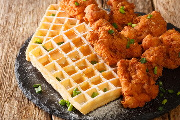 American fast food breaded chicken and crispy waffles with honey sauce close-up on a slate plate on...