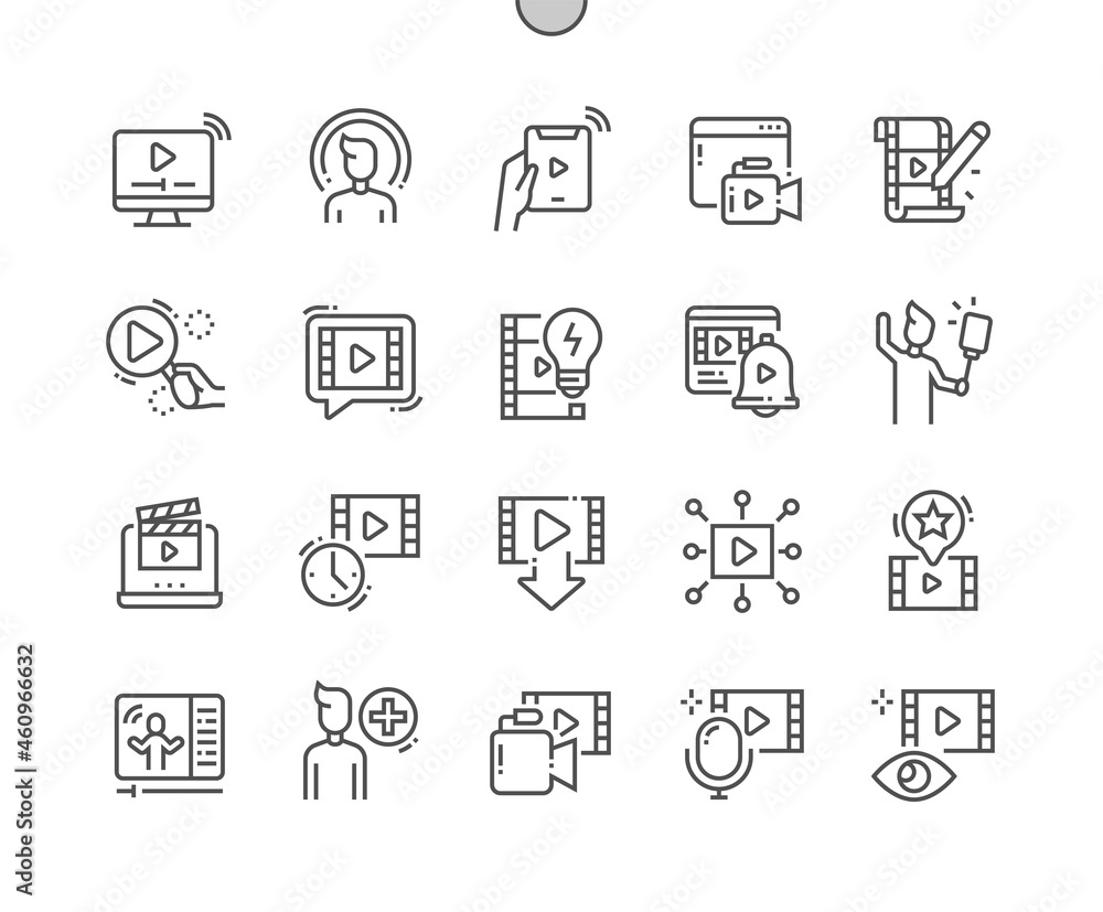 Poster streaming. recording and edit video. number of views. live stream. pixel perfect vector thin line ic