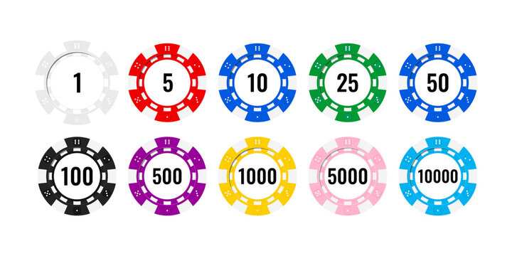 Casino poker chip colorful icons set isolated on white background. Casino coin for roulette gambling with numbers. Vector flat design cartoon style illustration