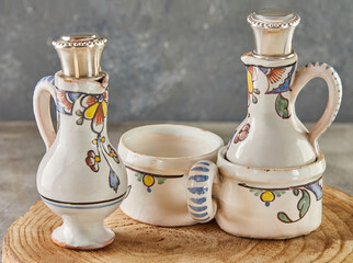 Antique crockery, two ceramic decanters for wine