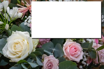 mock-up wedding pastel flowers roses bouquet with white paper empty space for marriage text mock up