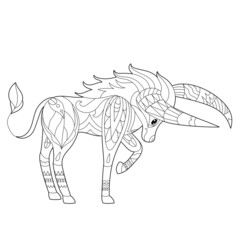 Cute taurus. Doodle style, black and white background. Funny animal, coloring book pages. Hand drawn illustration in zentangle style for children and adults, tattoo.
