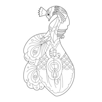 Cute peacock. Doodle style, black and white background. Funny bird, coloring book pages. Hand drawn illustration in zentangle style for children and adults, tattoo.