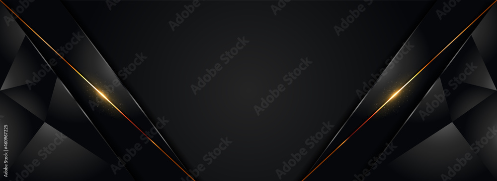 Poster abstract black background combined with 3d polygonal shape and golden glitter lines. luxury elegant 