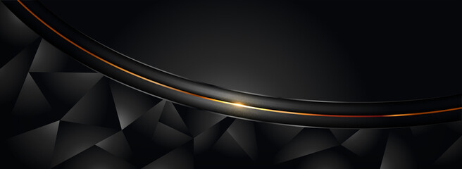 Abstract Black Background Combined with 3d Polygonal Shape and Golden Glitter Lines. Luxury Elegant Style Concept. Usable for Background, Wallpaper, Banner, Poster, Brochure, Card, Web, Presentation.