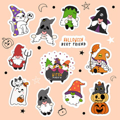 Set of cute Halloween Gnome and cat in fancy costume party cartoon sticker collection.