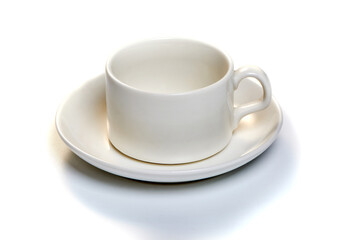 white coffee cup with saucer on white isolated background