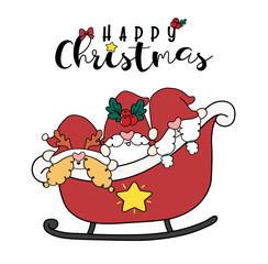 Cute Christmas Gnomes in Santa sleigh, cute cartoon doodle flat vector.