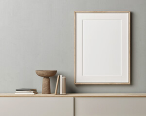 Mock-up poster design with home decoration on the desk, 3d illustration