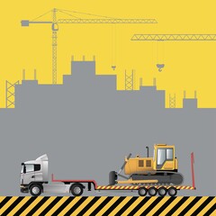 Transportation of a bulldozer on a low loader. Construction machinery on the background of a building under construction.