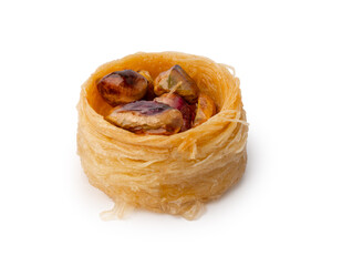 Close up of Turkish dessert baklava isolated on white