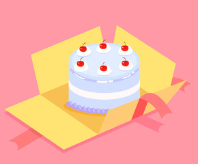 Cherry cake in a box with a ribbon illustration set. Cream, Party, birthday, commemoration, Dessert. Vector drawing. Hand drawn style.