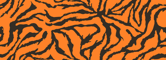 Texture of bengal tiger fur, orange stripes pattern. Animal skin print. Safari seamless background. Vector