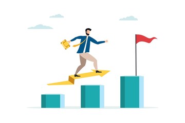 The businessman on the arrow flies forward. striving to the top. The team provides support, grows together. Vector illustration for teamwork, collaboration concept.