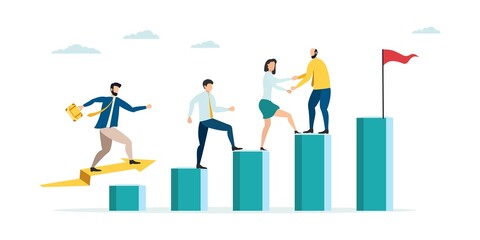 Employees giving hands and helping colleagues to walk upstairs. Team giving support, growing together. Vector illustration for teamwork, cooperation concept.