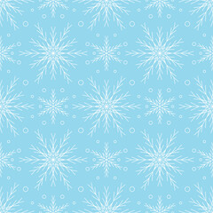 Seamless pattern with white snowflakes on blue background. Festive winter traditional decoration for New Year, Christmas, holidays and design. Ornament of simple line repeat snow flake