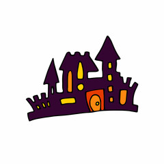 Doodle vector color creepy castle. Hand-drawn house isolated on white background. Cartoon tower for scary print, Halloween, packaging, clothing. Cartoon castle with windows, fence, doors illustration