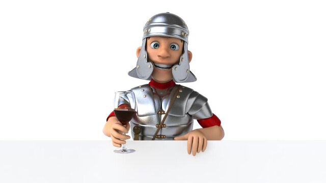 Fun 3D cartoon roman soldier with a glass of wine