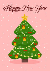 Design of New Year's card with the image of Christmas tree. Vector illustration, cartoon style.