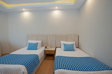 Twin beds in suite of a luxury hotel room