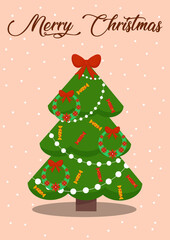 Design of New Year's card with the image of Christmas tree. Vector illustration, cartoon style.