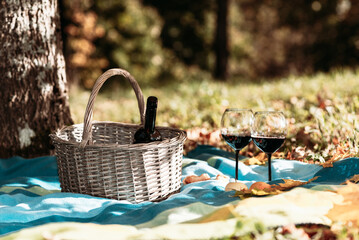 Basket,blanket,wine and glasses on yellow autumn leaves,next to a tree. A cozy autumn picnic in the park, a nice sunny autumn day.Copy space.Toned.