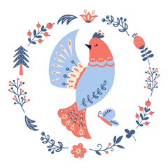 Vector bird in scandinavian style Folk forest animal © DandelionFly
