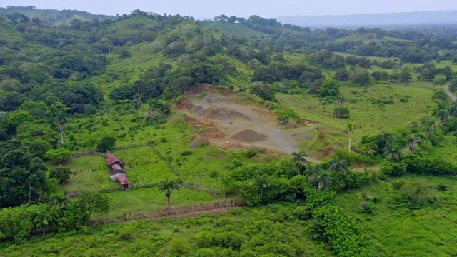 Countryside Landscape Piedra Toca Mine In Sabana de la Mar, Dominican Republic - aerial drone shot