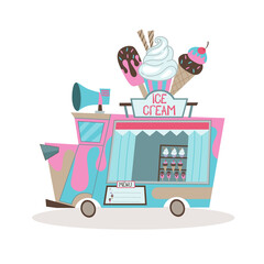 Vector illustration of a diner on wheels in a flat simple style. Food truck with ice cream on a stick, cone and ice cream in a glass. Car with desserts in pink and blue
