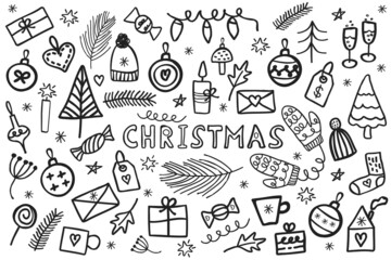 Big set of Christmas design element in doodle style, cute hand drawn Christmas elements. New Year and Christmas doodled icons for greeting cards.