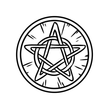 Pentacle occult sign in a circle. Wooden pentagram hand drawn magic doodle. Isolated vector pagan wiccan image.