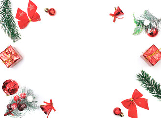 On a white background Christmas decor and fir branches in the shape of a circle. Festive concept. Flat lay. View from above. Mockup