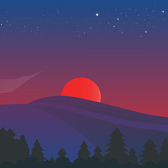 Night Time Mountain Forest With Red Sun And Starry Blue Sky