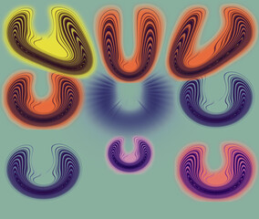 illustration of abstract forms and shapes with a solid or multi-colored background.