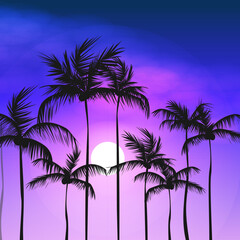 Fototapeta na wymiar Tropical Evening Beach With Moon Coconut Palm Tree